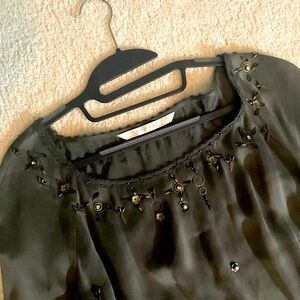 100% silk dark khaki green nougat dress with jewel and metal decoration
